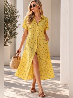 Comptoir des Cotonniers 100% Silk Yellow Floral Midi Shirt Dress M